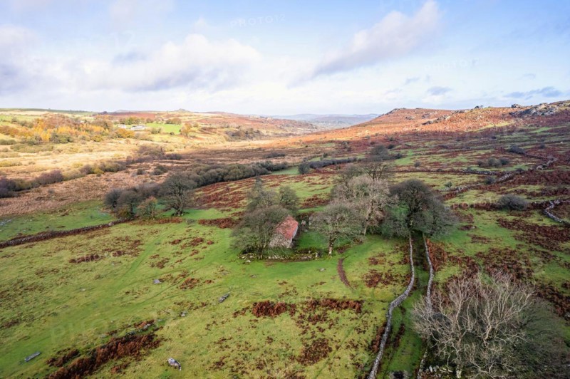 View over Emsworthy Mire from a drone, Haytor Rocks, Dartmoor National Park, Devon, England, UK