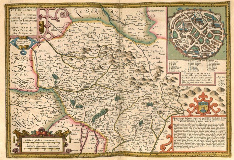 Atlas, map from 1623, Lemovici, France with city of Limoges, digitally restored reproduction from an engraving by Gerhard Mercator, born as Gheert Cremer, 5 March 1512, 2 December 1594, geographer and cartographer