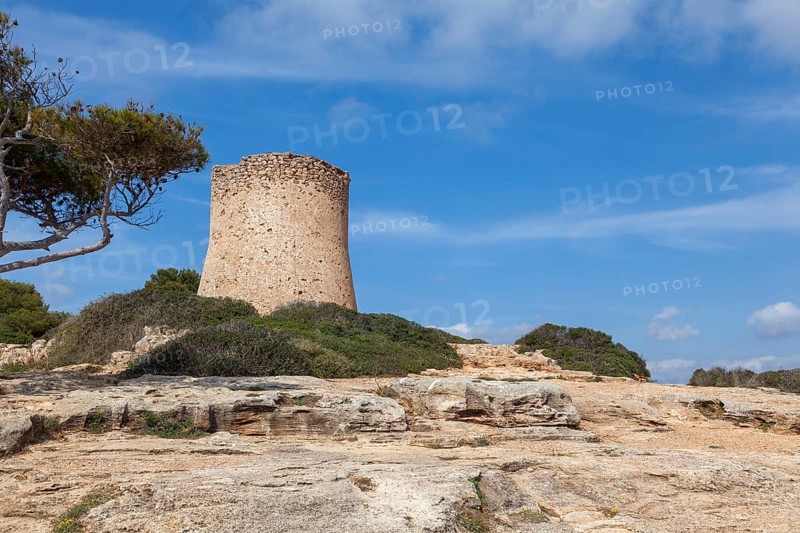 Torre de Cala Pi, medieval watchtower on the coast, Cala Pi, Majorca, Balearic Islands, Spain, Europe