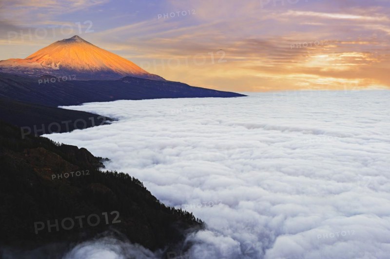 Pico del Teide at sunrise over trade wind clouds, Teide National Park, Tenerife, Canary Islands, Spain, Europe
