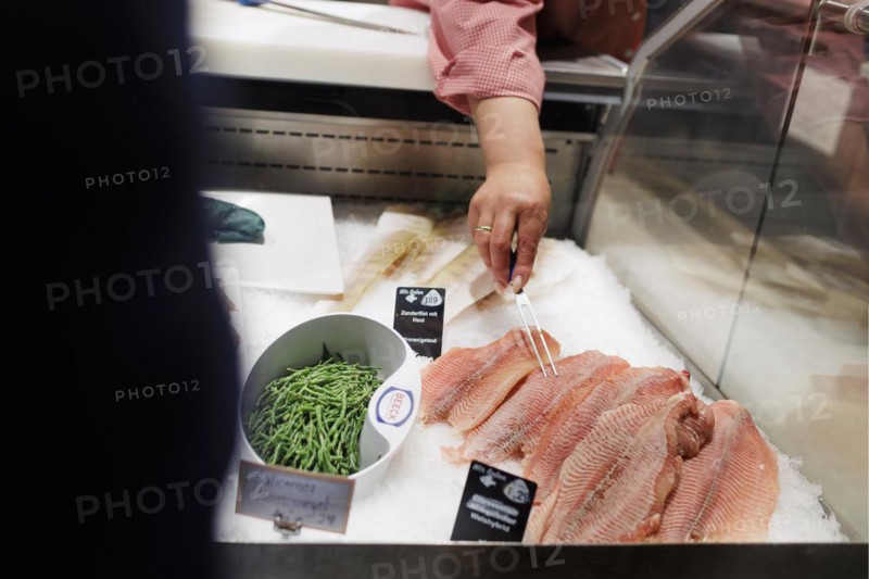 Salicorn algae and Claresse, catfish hybrid from a fish farm and pike-perch fillet, are offered in the supermarket., Radevormwald, Germany, Europe