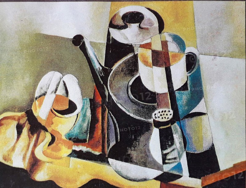 Oil Painting by Volker von Mallinckrodt in Cubist Style, Cubism, Breakfast, Coffee Pot, Coffee Cup, Salt Barrel, Egg Cup