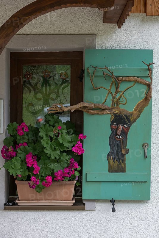 Window decorated with a flower box and a rootstock, Allgaeu, Bavaria, Germany, Europe