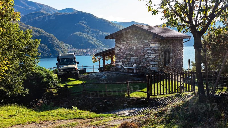 Rustico with lake view, parked Toyota Land Cruiser, Cannobio, Lago Maggiore, Verbano-Cusio-Ossola, Piedmont, Italy, Europe