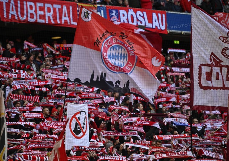 South curve, scarves, fan block, fans, fan curve, flags, banners, atmosphere, atmospheric, FC Bayern Munich FCB, Allianz Arena, Munich, Bavaria, Germany, Europe