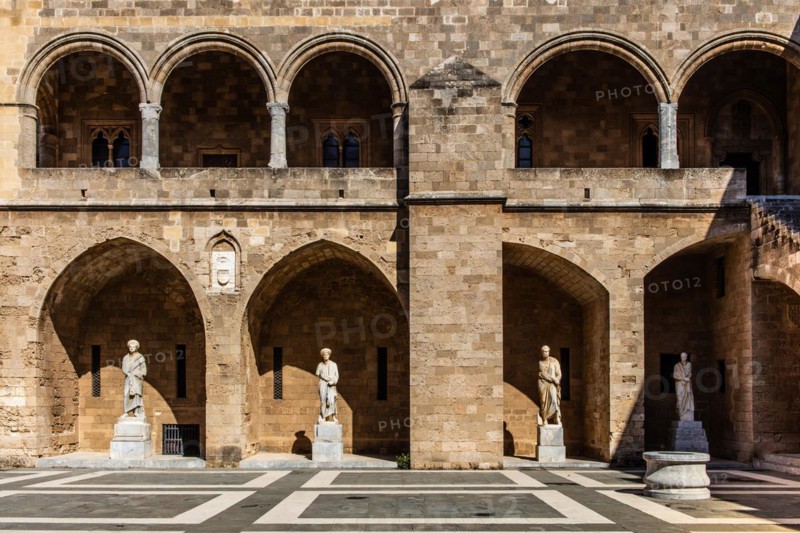 Inner courtyard surrounded by arcades with statues from Hellenistic and Roman times, Grand Masters Palace built in the 14th century by the Johnnite Order, fortress and palace for the Grand Master, UNESCO World Heritage Site, Old Town, Rhodes Town, Greece, Europe