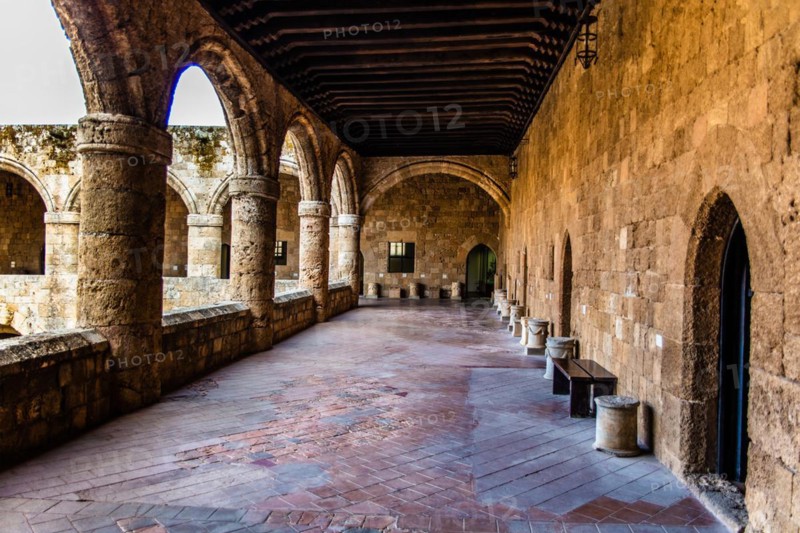 Two-storey building with a large courtyard and surrounding arcade, Archaeological Museum in the former Order Hospital of the Knights of St John, 15th century, Old Town, Rhodes Town, Greece, Europe