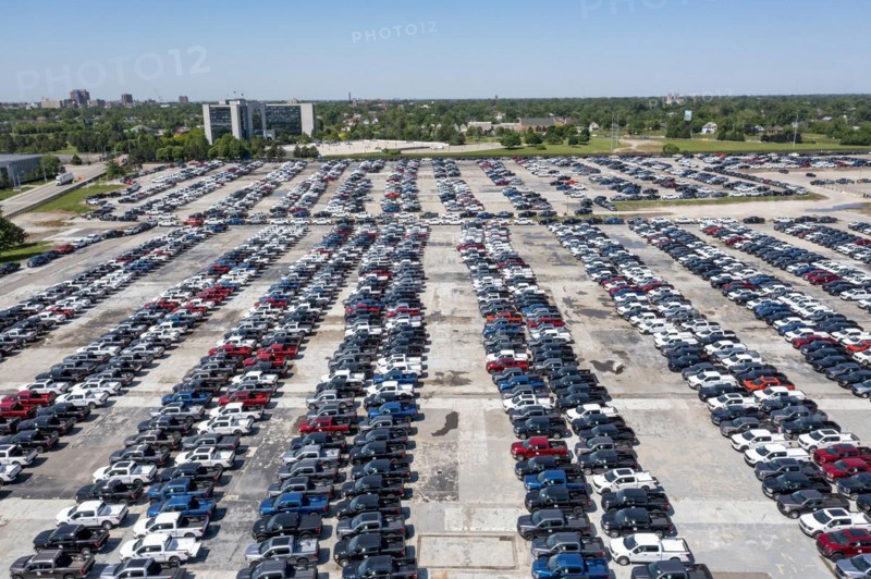 Hamtramck, Michigan, New Ford F-150 pickup trucks and other truck models are parked, unable to be sold, during the global shortage of semiconductor chips