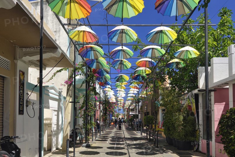 Umbrella Street in Centro Historico, Old Town of Puerto Plata, Dominican Republic, Caribbean, Central America