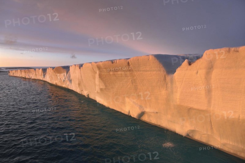Brasvellbreen coastal glacier, glacier front in evening light at sunset, Nordaustlandet, Svalbard