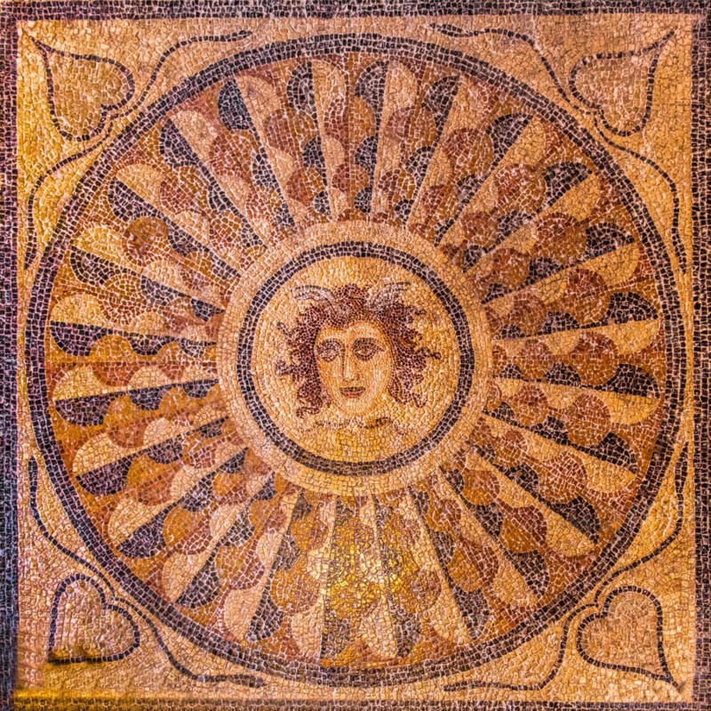 Mosaic floor with head of Medusa from Kos, 3rd century, Grand Masters Palace built in the 14th century by the Johnnite Order, fortress and palace for the Grand Master, UNESCO World Heritage Site, Old Town, Rhodes Town, Greece, Europe