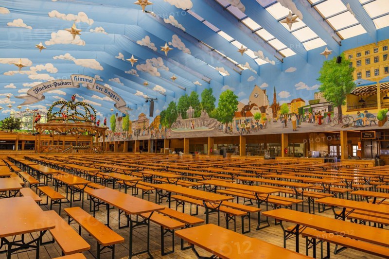Wiesnaufbau, Hackerfest tent, Oktoberfest, Theresienwiese, Munich, Upper Bavaria, Bavaria, Germany, Europe