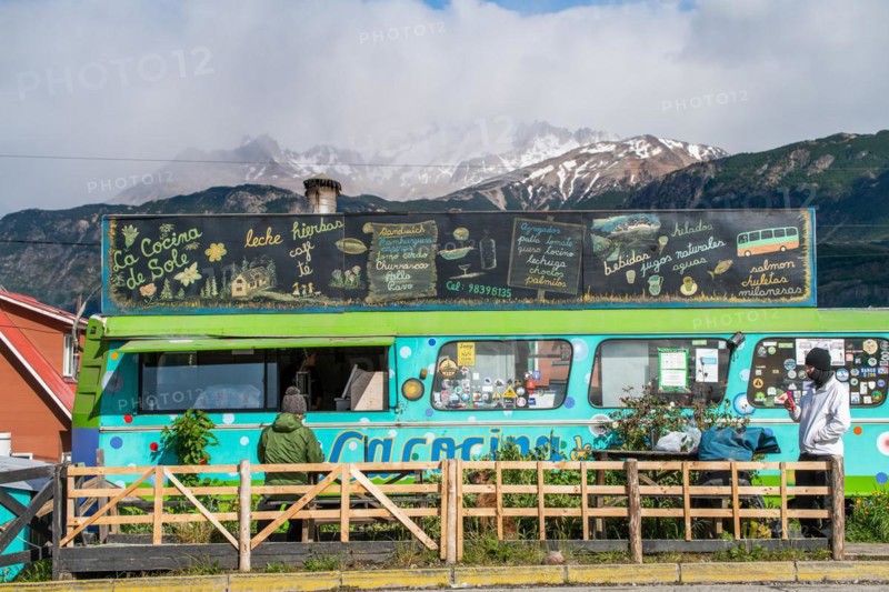Food Truck La Cocina de Sole in an old bus, Villa Cerro Castillo village, Cerro Castillo National Park, Aysen, Patagonia, Chile, South America