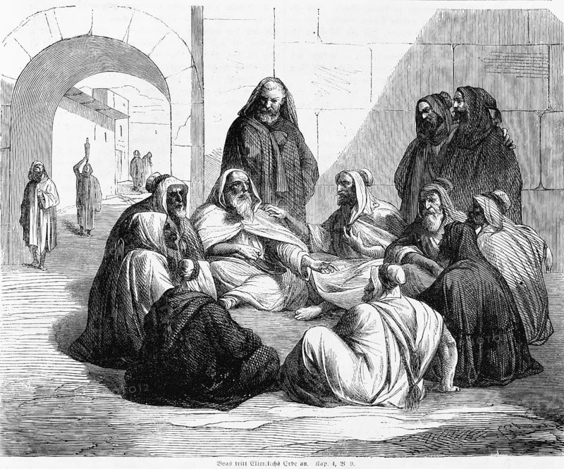 Boaz takes Elimelche's inheritance, men, group, gate, city wall, talk, robe, Bible, Old Testament, The Book of Ruth, chapter 4, verse 9, historical illustration c. 1850, Near East