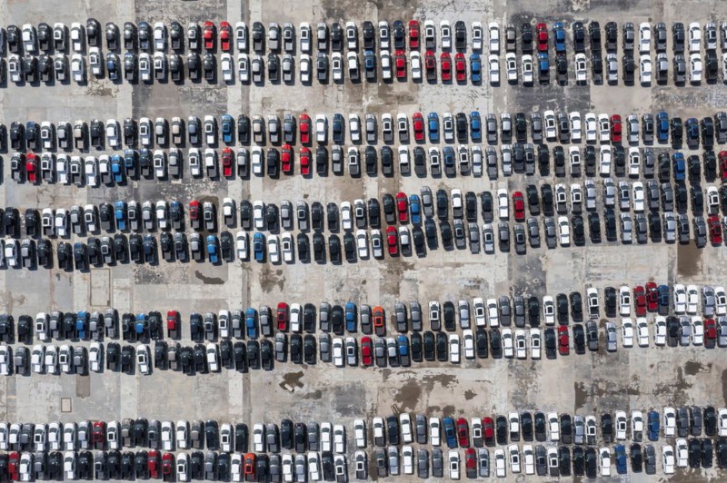 Hamtramck, Michigan, New Ford F-150 pickup trucks and other truck models are parked, unable to be sold, during the global shortage of semiconductor chips