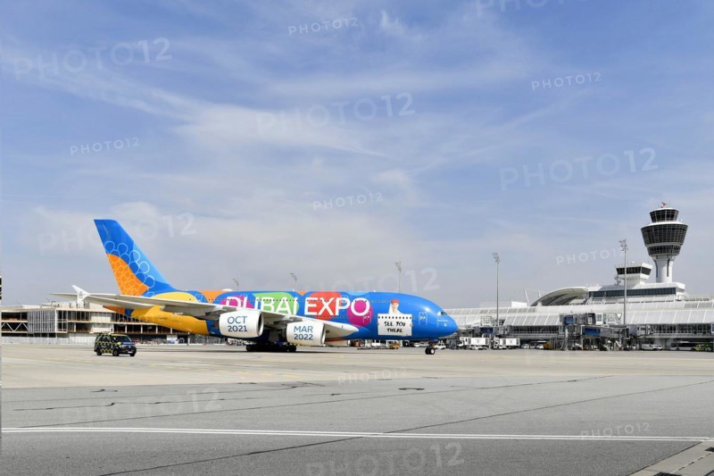 Rolling Emirates Airlines special livery Expo Dubai 2021-2022 Airbus A380-800 in front of Terminal 1 with Tower, Munich Airport, Upper Bavaria, Bavaria, Germany, Europe