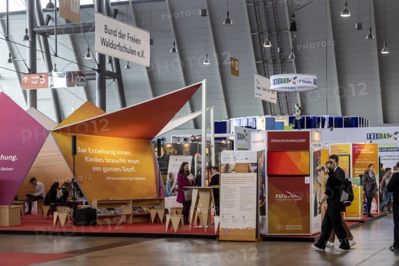 Free Waldorf Schools trade fair stand. The trade fair Didacta is Europes largest education trade fair, target groups are teachers and trainers at kindergartens, schools and universities. Stuttgart, Baden-Wuerttemberg, Germany, Europe