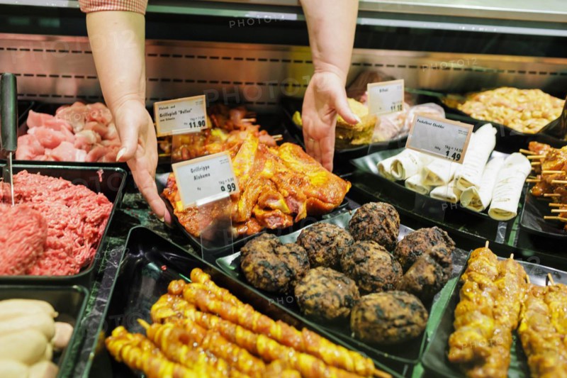 Meat and barbecue in the supermarket., Radevormwald, Germany, Europe
