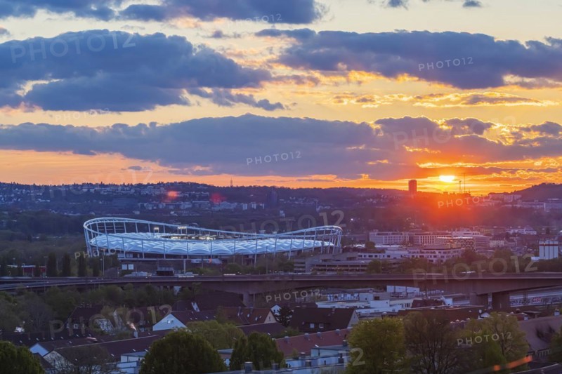 Mercedes Benz Arena, football stadium, sunset, Stuttgart, Baden-Wuerttemberg, Germany, Europe
