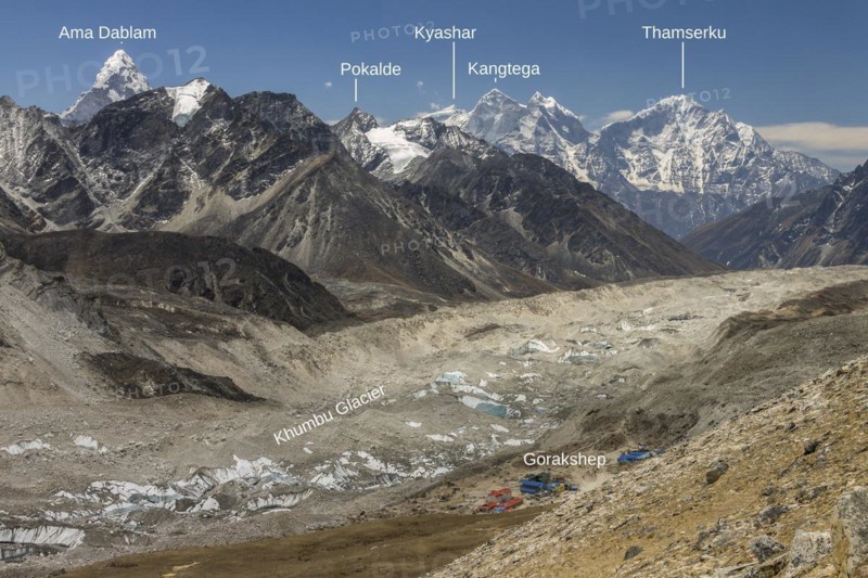 Mountain panorama seen from the trail leading toward the top of Kala Patthar above Gorakshep. The debris covered Khumbu Glacier is below and further down-valley are some six-thousands-plus peaks of the region including beautiful Ama Dablam, Thamserku and Khangtega. Photo with peak labels. Khumbu, the Everest Region, Himalayas. Sagarmatha National Park, a UNESCO World Heritage Site. Solukhumbu, Nepal, Asia