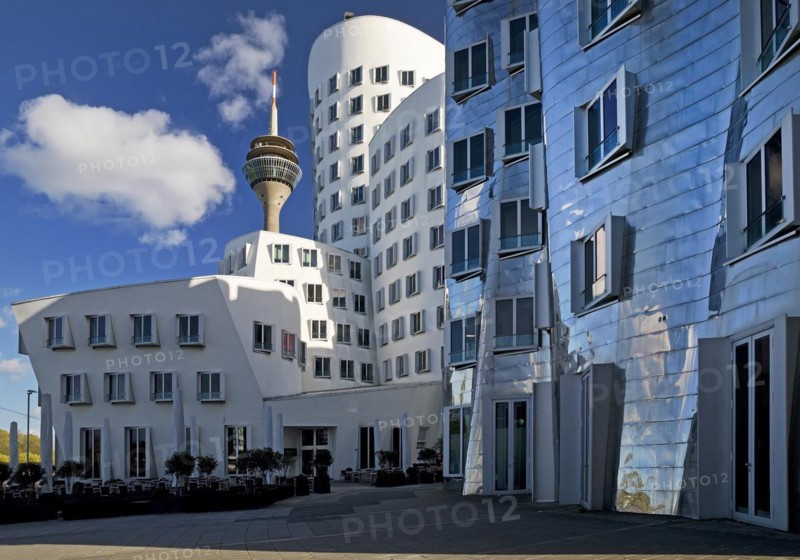 The Neue Zollhof with two Gehry buildings and the Rhine Tower, Duesseldorf, North Rhine-Westphalia, Germany, Europe