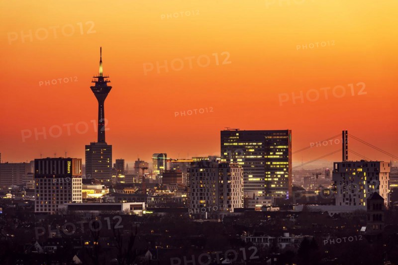 View of the city centre of the state capital Duesseldorf, with Rheinturm, Dreischeibenhaus and Mannesmannhochhaus, Duesseldorf, North Rhine-Westphalia, Germany, Europe