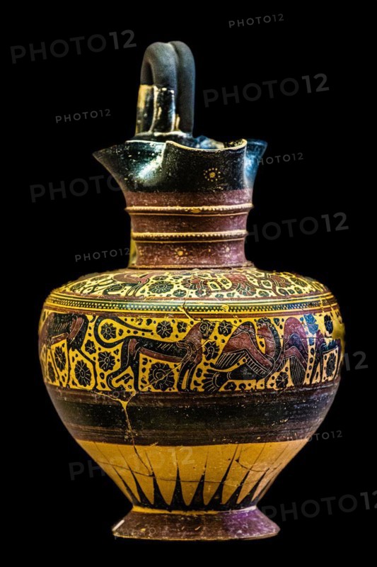 Jug with miniature scenes in black-figure technique, Proto-Corinthian phase 720-550 BC, Archaeological Museum in the former Order Hospital of the Knights of St. John, 15th century, Old Town, Rhodes Town, Greece, Europe