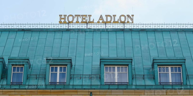 Dormer windows and lettering, Hotel Adlon, Pariser Platz, Berlin, Germany, Europe