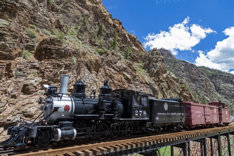 Cimmaron, Colorado, The Denver & Rio Grande Railroad is displayed on the last remaining trestle of the railroads historic route along the Black Canyon of the Gunnison. The railroad operated from 1882 to 1949
