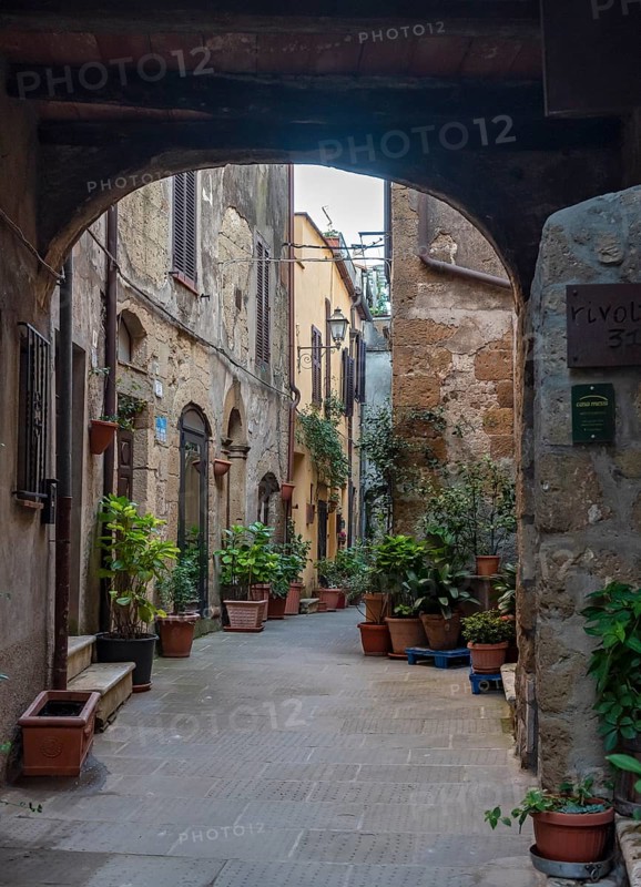 Courtyard with flowerpots, Pitigliano, Tuscany, Italy, Europe