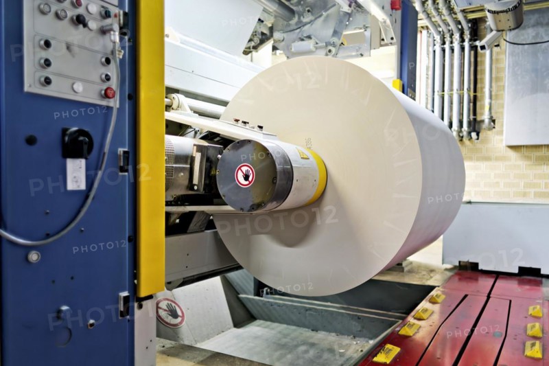 Large-scale printing plant: Paper feed to the web offset press. Stuttgart, Baden-Wuerttemberg, Germany, Europe