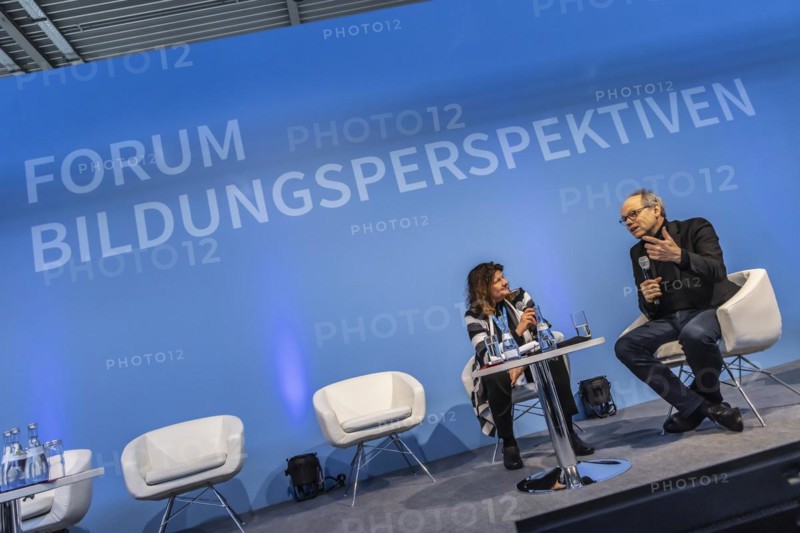 Kai Gniffke, Director-General of SWR as well as Chairman of ARD, in conversation with Maya Goetz from BR, Didacta trade fair, Europes largest education trade fair, Stuttgart, Baden-Wuerttemberg, Germany, Europe