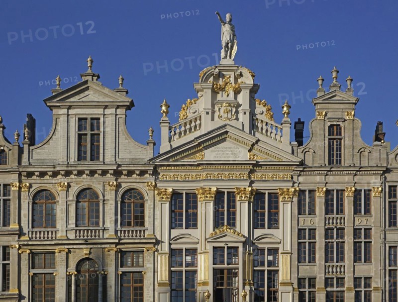 Facade with golden decorations, guild houses, guild houses at the Grote Mart