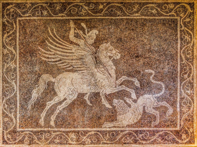 Mosaic floor with Bellerophon and Chimaira, Archaeological Museum in the former Order Hospital of the Knights of St John, 15th century, Old Town, Rhodes Town, Greece, Europe