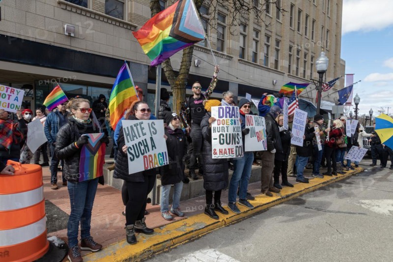 Royal Oak, Michigan USA, 11 March 2023, A small group of conservative Republicans protesting the Sidetrack Bookshops Drag Queen Story Hour were outnumbered by many hundreds of counter-protesters supporting the LGBTQ community