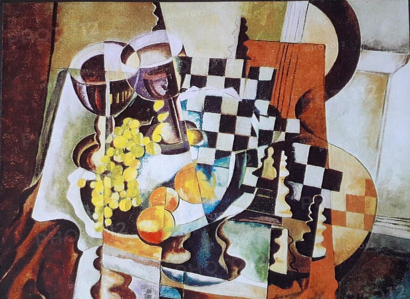 Oil painting by Volker von Mallinckrodt in the Cubist style, Cubism, with fruit, grapes, apples, chessboard, chess pieces and guitar