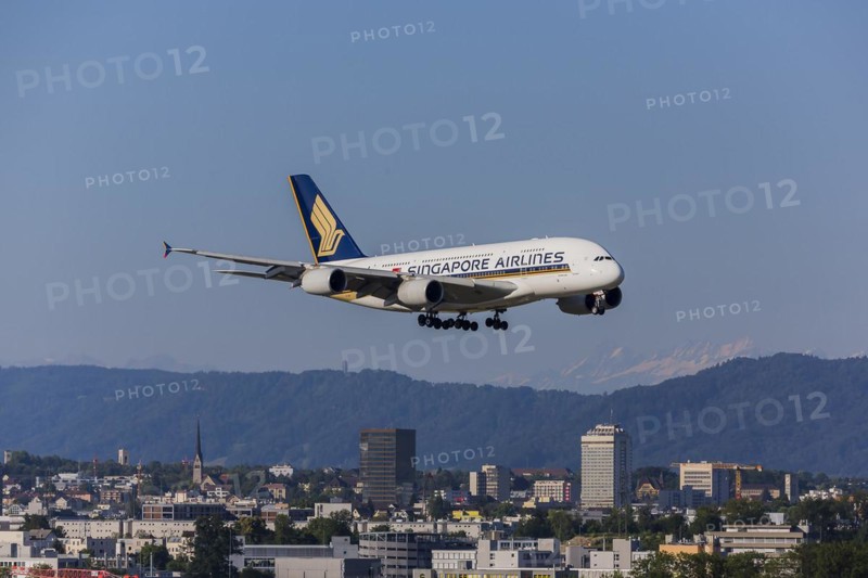 ZRH Airport with aircraft on approach of Singapore Airlines, Airbus A380-800, Zurich, Switzerland, Europe
