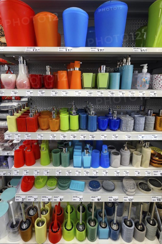 Shelf with colourful soap dispensers and toilet brushes in a DIY store, Allgaeu, Bavaria, Germany, Europe