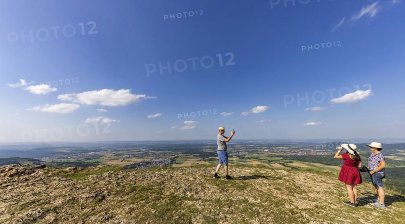 View from Breitenstein, rock plateau on the northern edge of the Swabian Alb, Bissingen an der Teck, Baden-Wuerttemberg, Germany, Europe