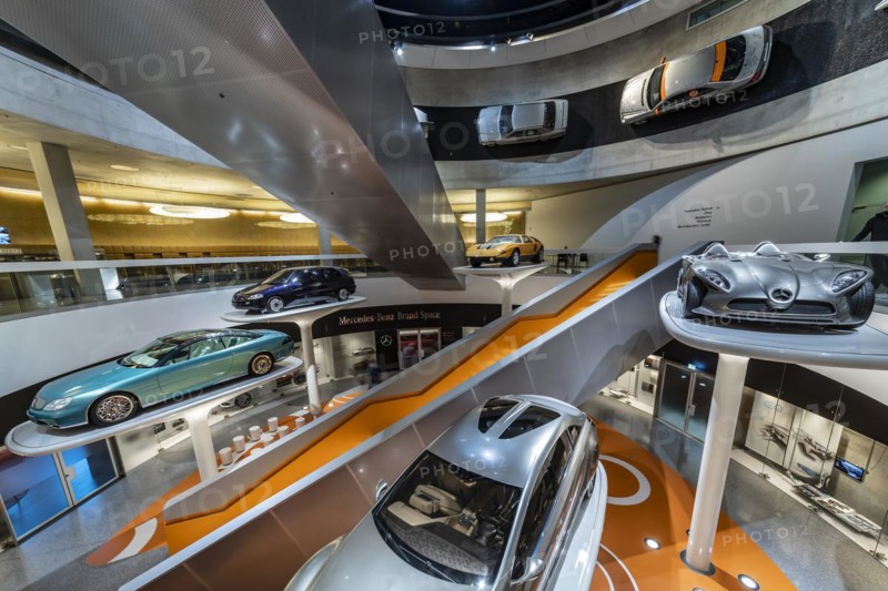 Silver Arrows - Races and Records. Mercedes Museum, Stuttgarts most visited museum is part of the Mercedes-Benz World in Untertuerkheim and reminds us of the early days of the automobile with its vehicles and vintage cars, Architecture Ben van Berkel, Architekturbuero UNStudio, Stuttgart, Baden-Wuerttemberg, Germany, Europe