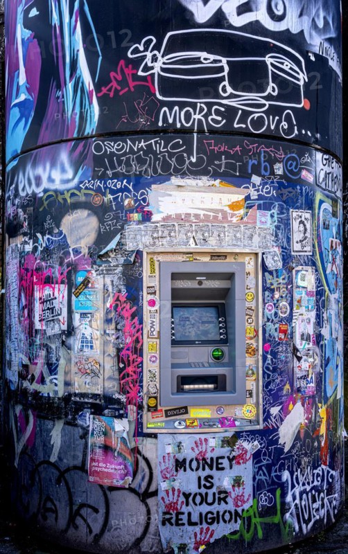 Graffiti on the ATM, RAW grounds, Friedrichshain, Berlin, Germany, Europe