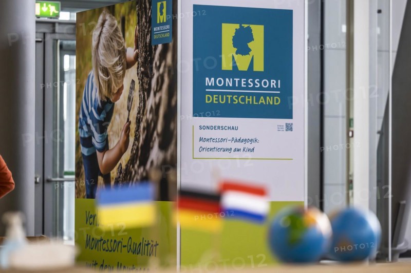 Exhibition stand Montessori Pedagogy. The trade fair Didacta is Europes largest education trade fair, target groups are teachers and trainers at kindergartens, schools and universities. Stuttgart, Baden-Wuerttemberg, Germany, Europe