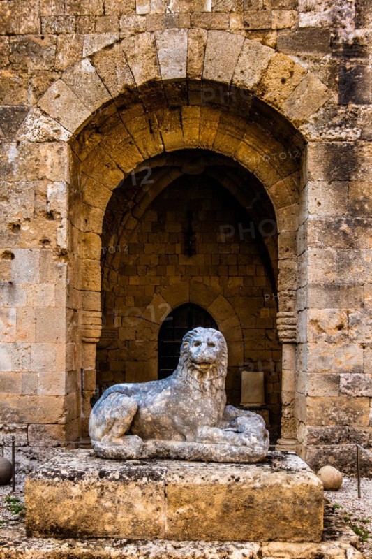 Tomb statue of a lion holding a bulls head in its paws, late Hellenistic period, Archaeological Museum in the former Order of St John Hospital, 15th century, Old Town, Rhodes Town, Greece, Europe