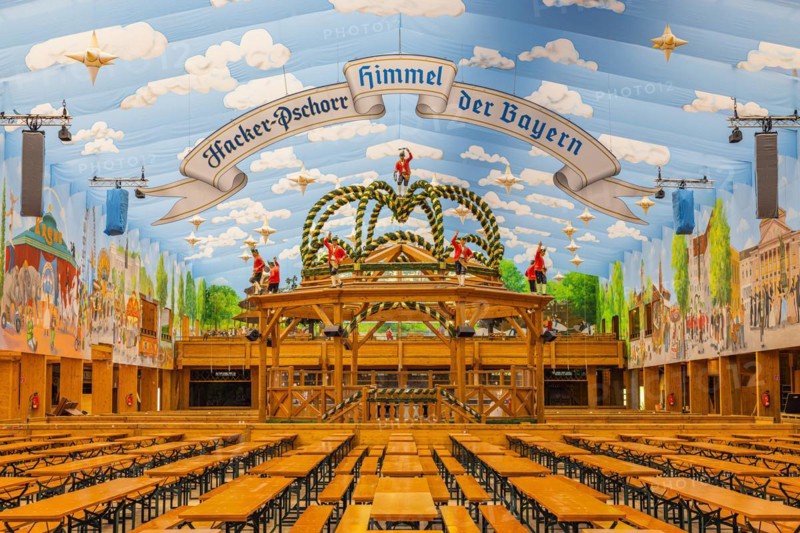 Wiesnaufbau, Hackerfest tent, Oktoberfest, Theresienwiese, Munich, Upper Bavaria, Bavaria, Germany, Europe