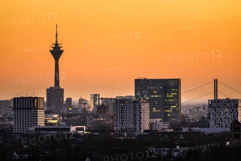 View of the city centre of the state capital Duesseldorf, with Rheinturm, Dreischeibenhaus and Mannesmannhochhaus, Duesseldorf, North Rhine-Westphalia, Germany, Europe