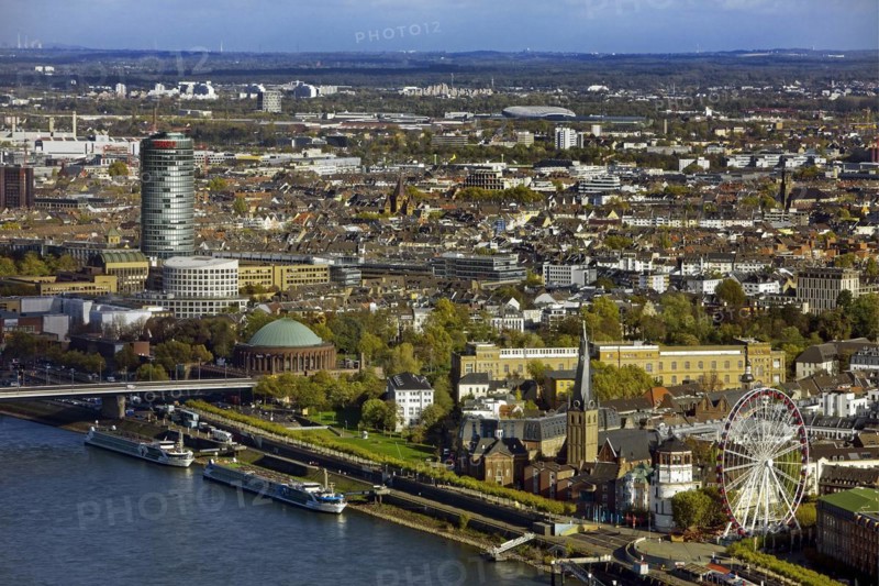 View from the Rhine Tower of the ERGO Tower, the Tonhalle and the Art Academy, Duesseldorf, North Rhine-Westphalia, Germany, Europe