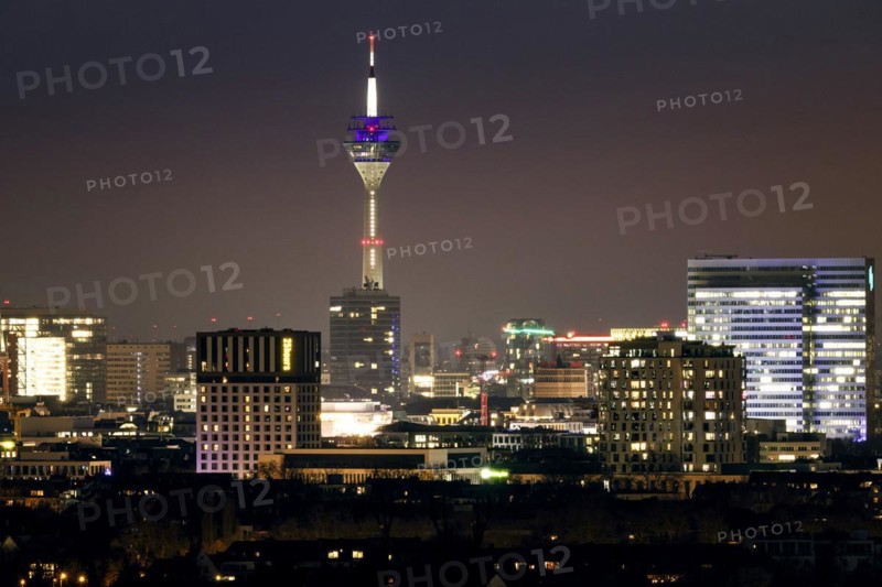 View of the city centre of the state capital Duesseldorf, with Rhine Tower, City Gate, Dreischeibenhaus and Mannesmann Tower, Duesseldorf, North Rhine-Westphalia, Germany, Europe