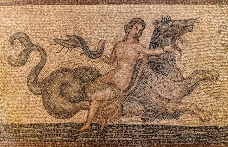 Mosaic with Nereid riding a hippopotamus from Kos, 3rd century, Grand Masters Palace built in the 14th century by the Johnnite Order, fortress and palace for the Grand Master, UNESCO World Heritage Site, Old Town, Rhodes Town, Greece, Europe