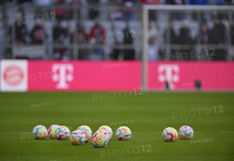 Adidas Derbystar match balls lie on grass, FC Bayern Munich logo, FCB, Telekom, perimeter advertising, Allianz Arena, Munich, Bavaria, Germany, Europe