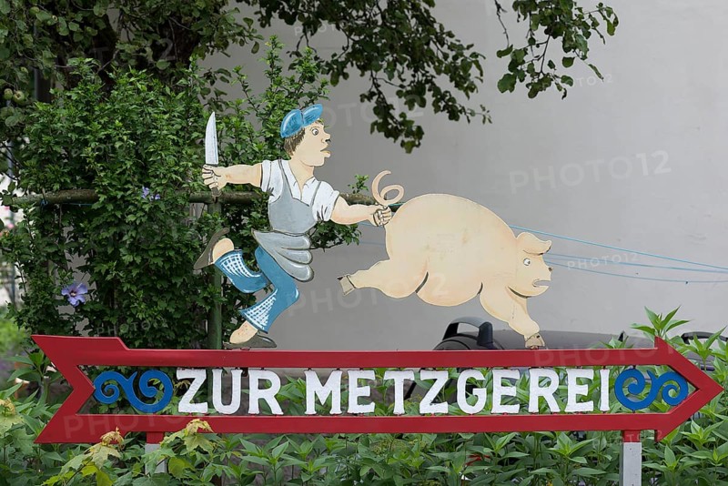 Advertising sign of a butcher's shop, Sonthofen, Allgaeu, Bavaria, Germany, Europe